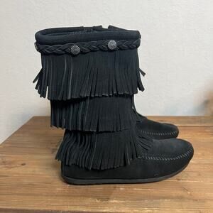 Minnetonka Girl's Black Fringe Moccasin Style Leather Boot Size 3 NEW